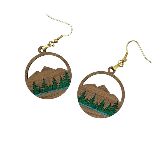 Walnut Wood River Lake Mountain Forest Dangle Earrings Hypoallergenic Camping Forest