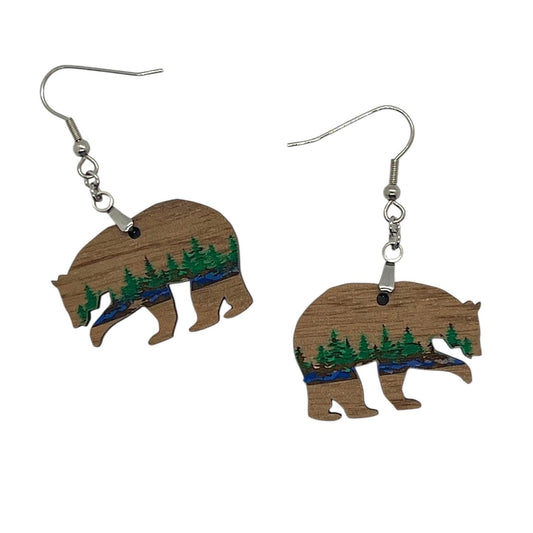 Walnut Wood Bear Mountain Grizzly Dangle Earrings Hypoallergenic Camping Forest