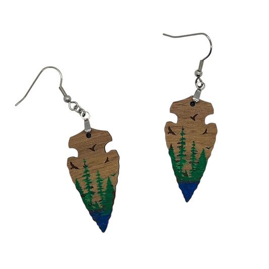 Walnut Arrowhead Mountain Forest Dangle Earrings Hypoallergenic Camping Forest