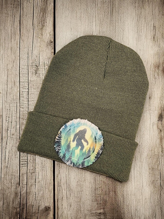 Bigfoot Forest Watercolor Bigfoot Sasquatch Yeti Beanie Skull Cap Hat Funny Camping Olive