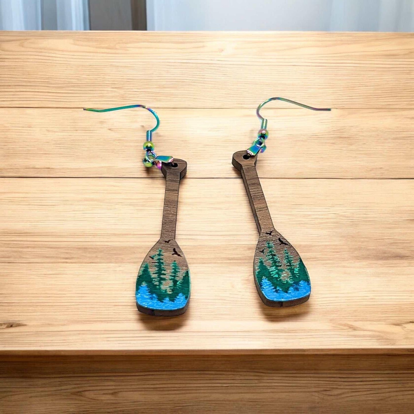 Forest Lake Kayak Paddle Earrings Camp Camping Hiking Wood Earrings Lake Life