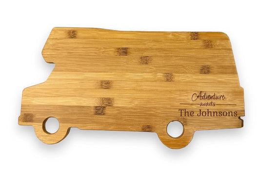 Personalized RV Shaped Bamboo Cutting Charcuterie Motorhome Board