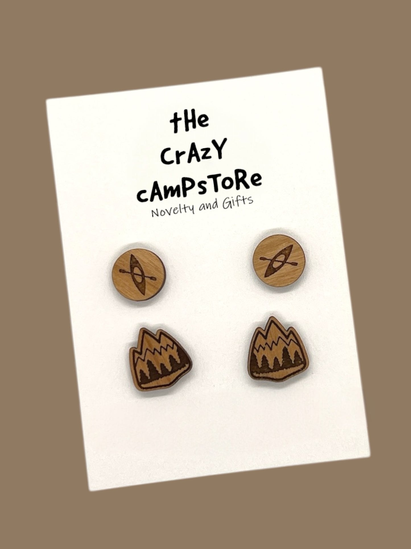 Kayak and Mountains Camping Hiking Wood Earrings Camper