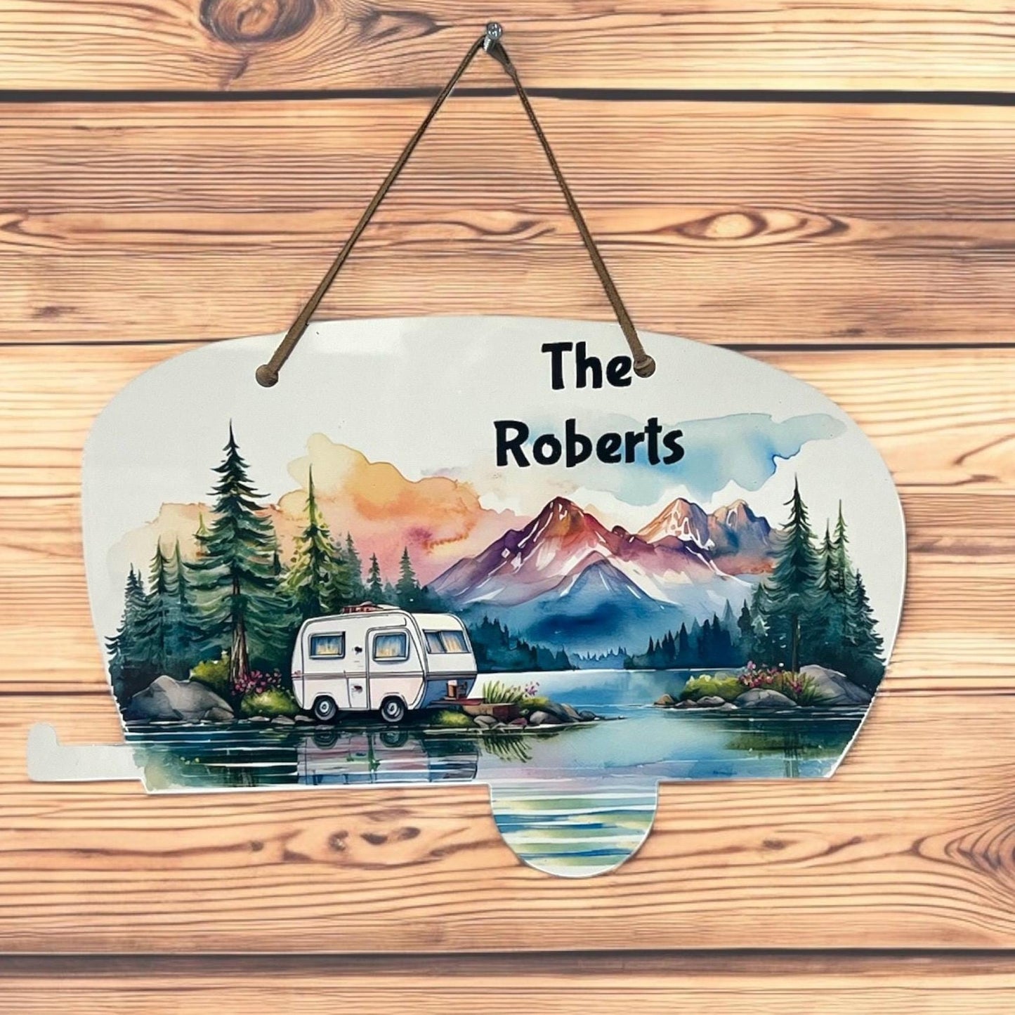 Personalized Custom Forest Lake Mountains Camper Shaped Sign Decor Door Hanger Wall Hanger