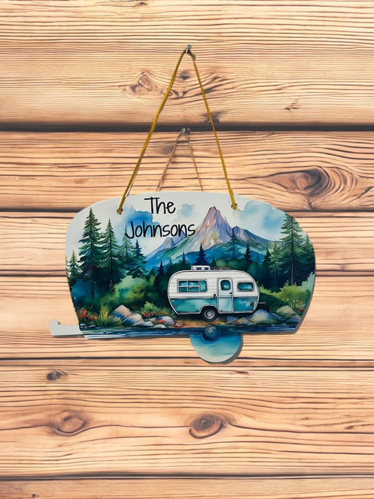 Personalized Custom Forest Camper Shaped Sign Decor Door Hanger Wall Hanger