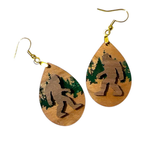 Cherry Wood Sasquatch Bigfoot Dangle Earrings Hypoallergenic Camping Forest