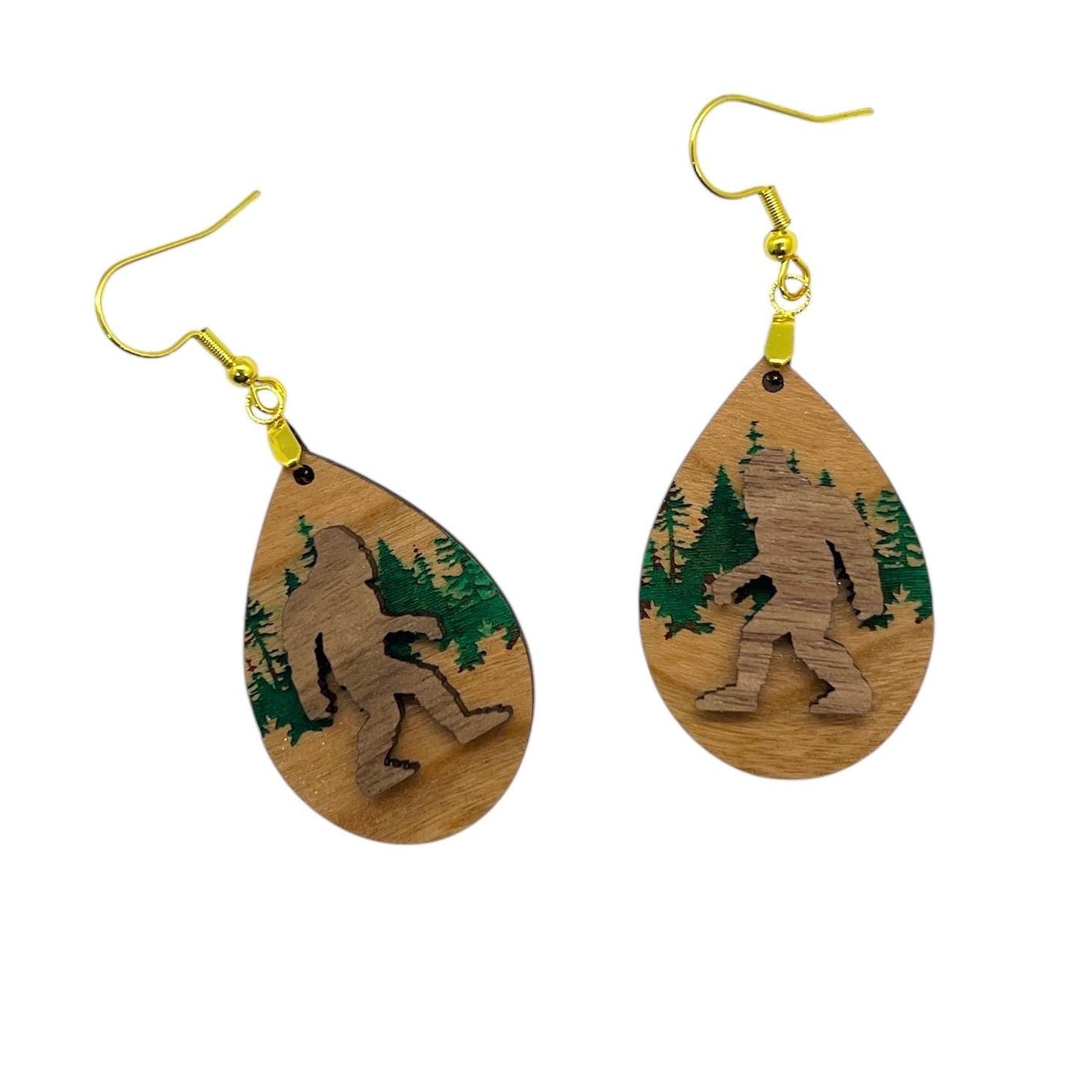 Cherry Wood Sasquatch Bigfoot Dangle Earrings Hypoallergenic Camping Forest