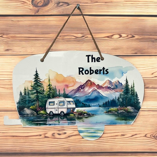 Personalized Custom Forest Lake Mountains Camper Shaped Sign Decor Door Hanger Wall Hanger